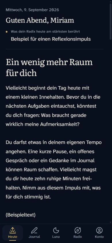 Kulmina Heute-Ansicht mit persönlichem Tagesreading, lokale Beispieldaten.