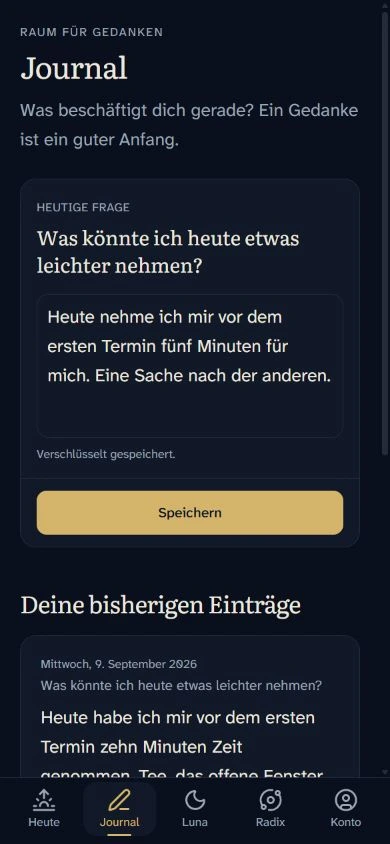 Kulmina Journal mit Reflexionsfrage und beispielhaften Einträgen.
