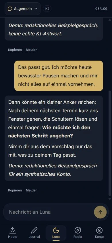 Luna-Chat der Kulmina App mit einem als Beispiel gekennzeichneten Gespräch.