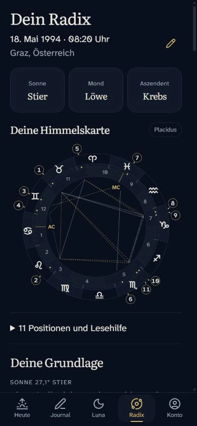 Kulmina Radix mit Sonne, Mond und Aszendent eines Beispielprofils.