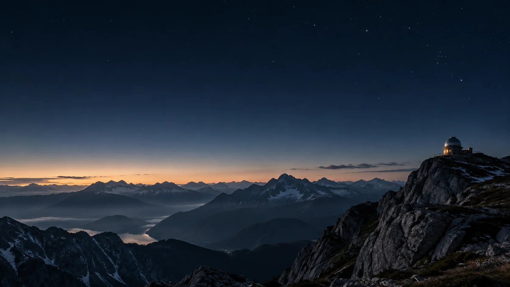 Illustration eines Observatoriums in den Alpen unter einem ruhigen Nachthimmel.